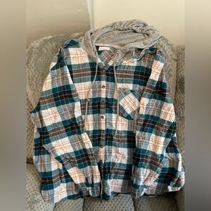 Maurices Teal and Gray Plaid Hooded Shirt